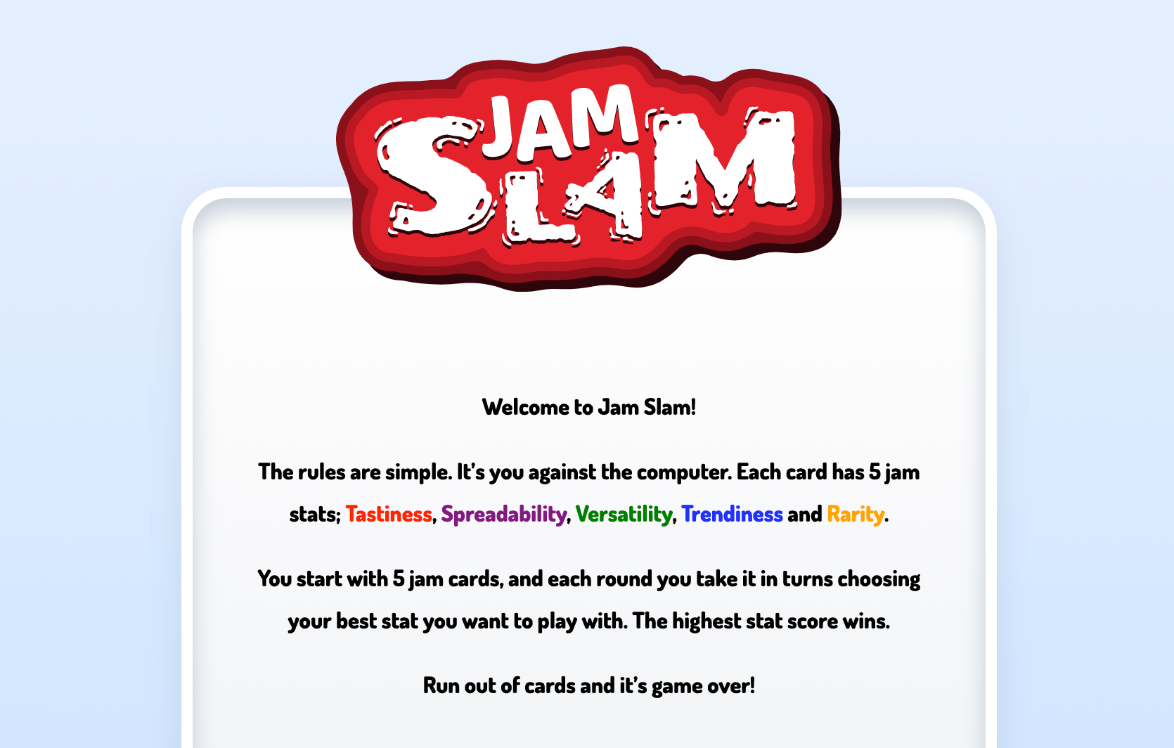 The Jam Slam rules page with the rules written in text.