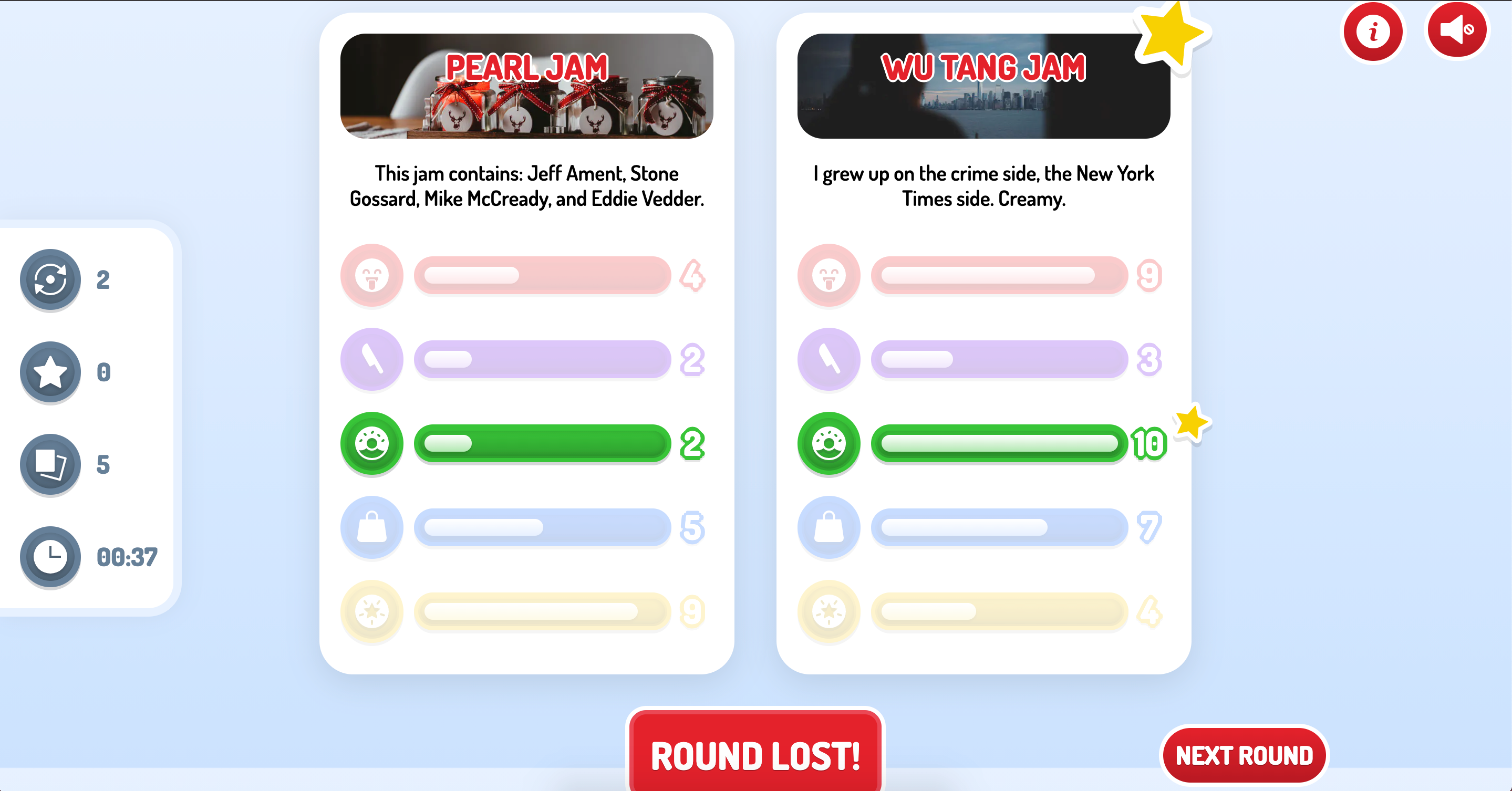 The round results UI of tje Jam Slam game showing which Top Trumps card won.