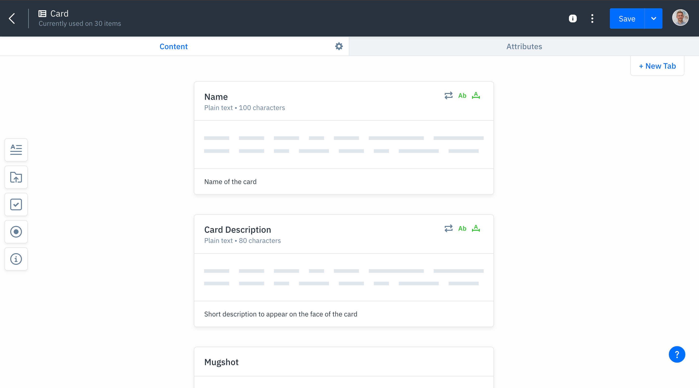 An example content model in GatherContent showing field names, descriptions and character counts.