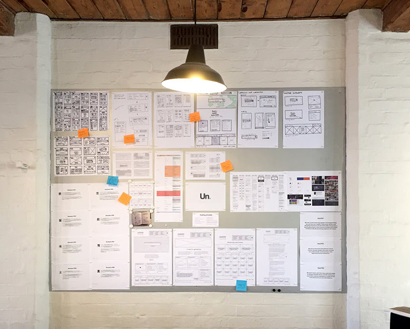 A project board at Un.titled, where we keep our user scenarios, project goals and idea exploration visible throughout the project. Photograph.