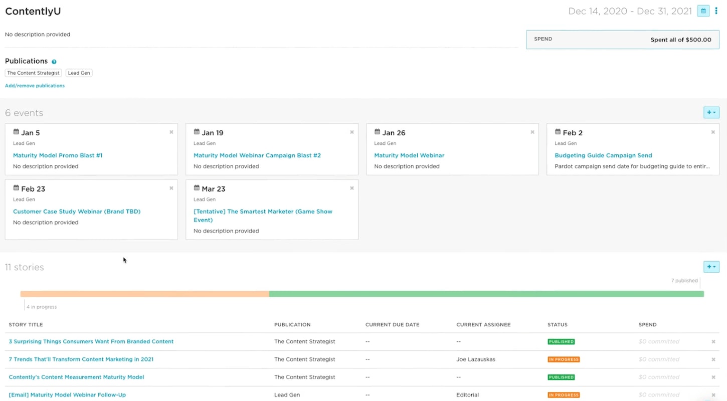 The Contently content marketing campaign tools let you manage content, events, and spend.