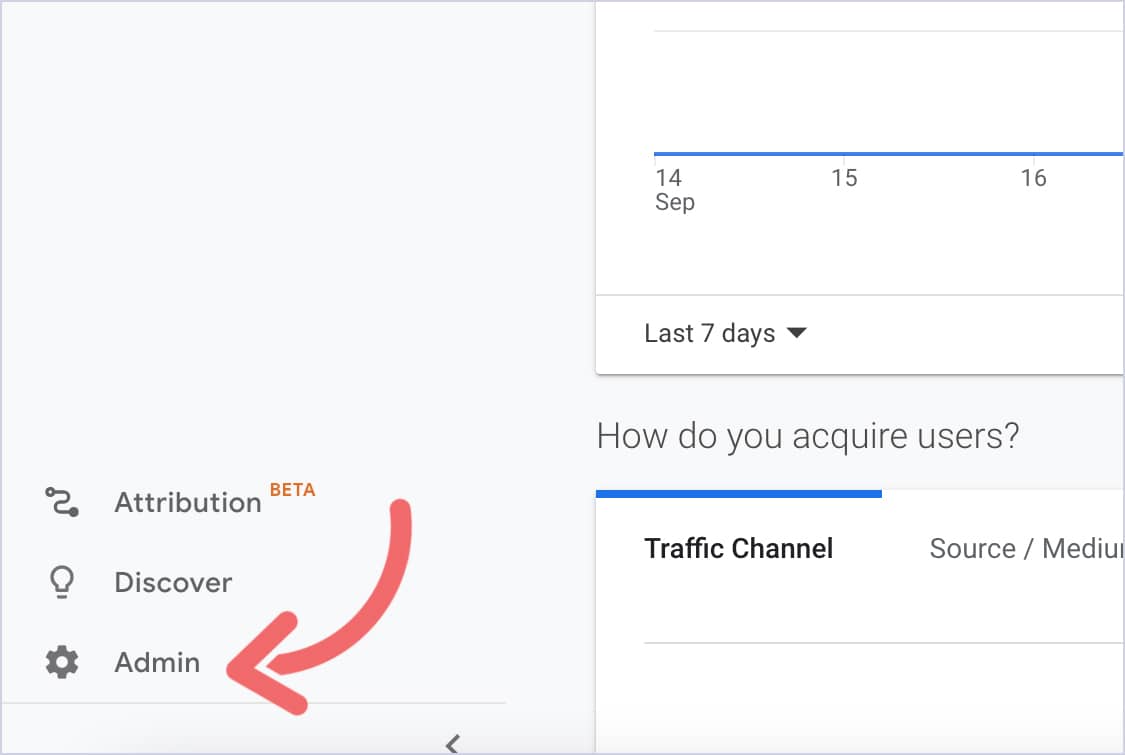 A screenshot of the GA interface. There's a pink arrow pointing at the Admin text.
