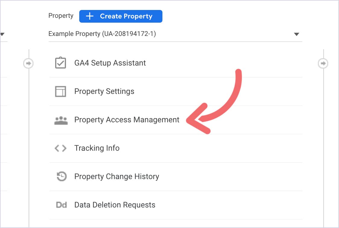 A screenshot of the GA interface. There's a pink arrow pointing at the Property Access Management text.