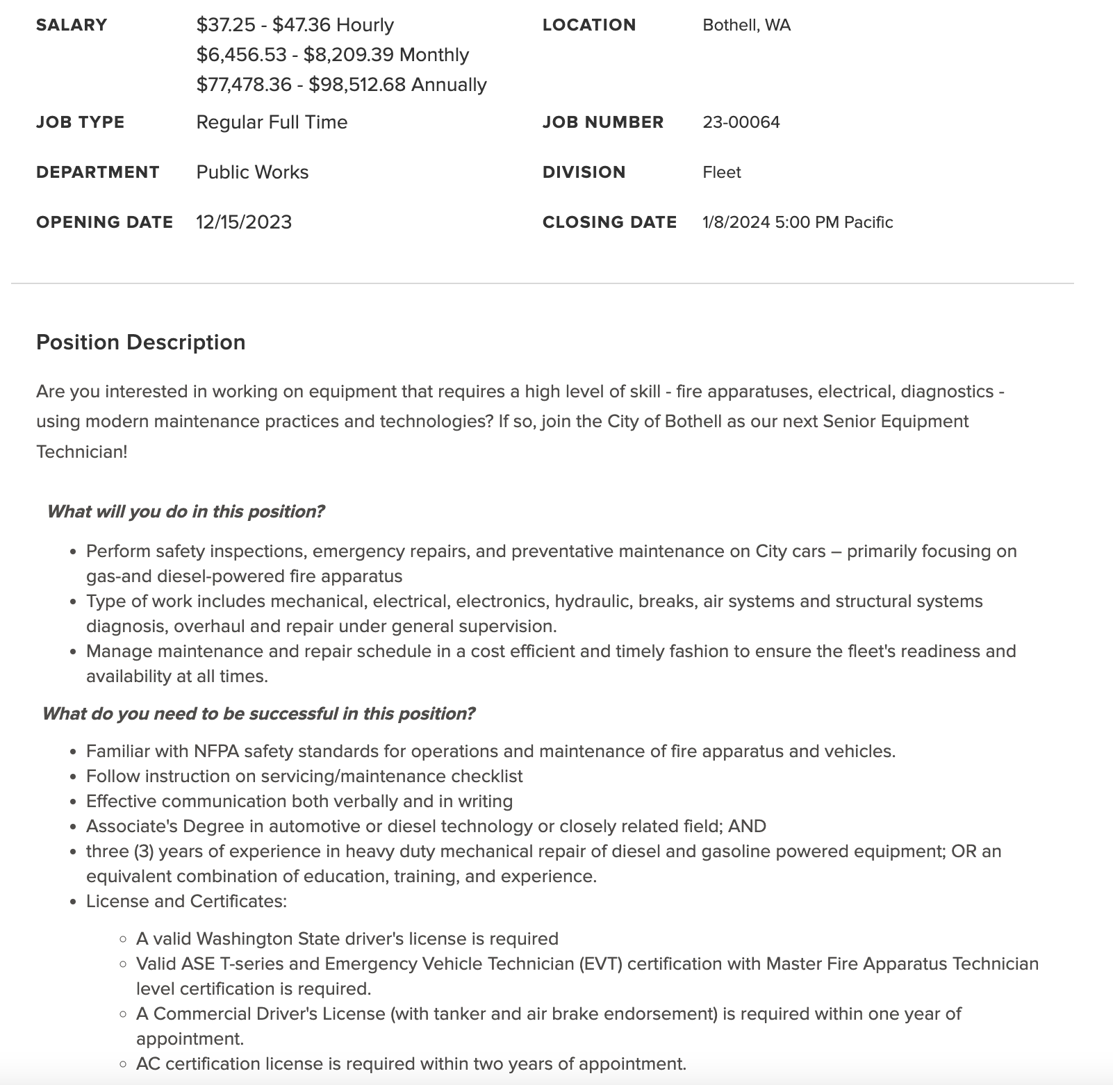 NEW JOB POSTING Bothell, WA Equipment Technician, Sr.