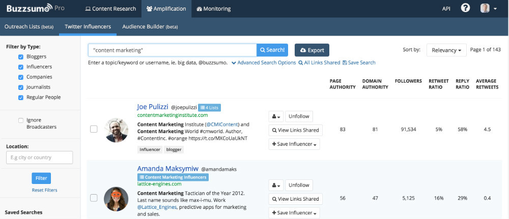 BuzzSumo influencer search