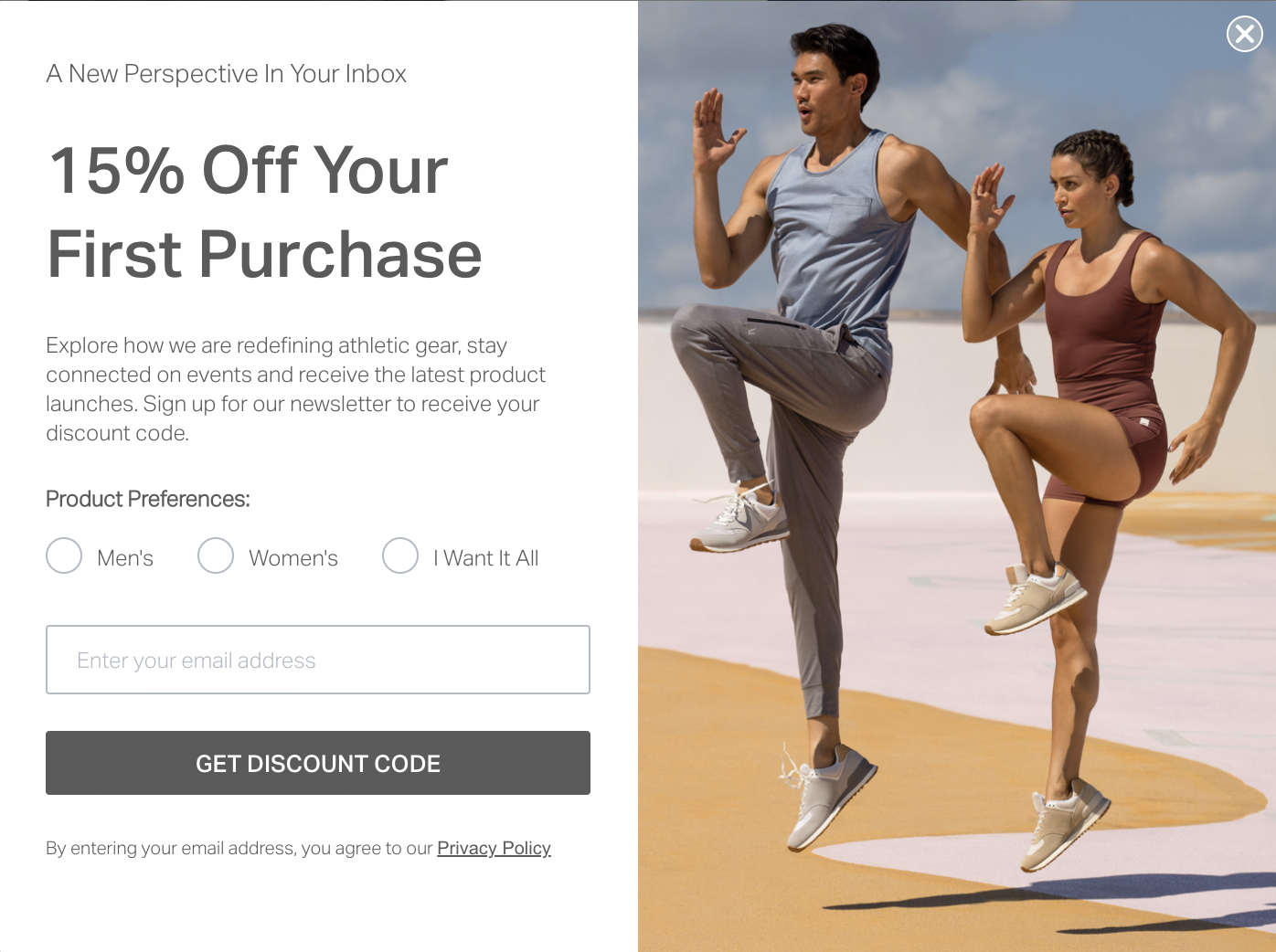 Vuori lead gen 15% off first purchase