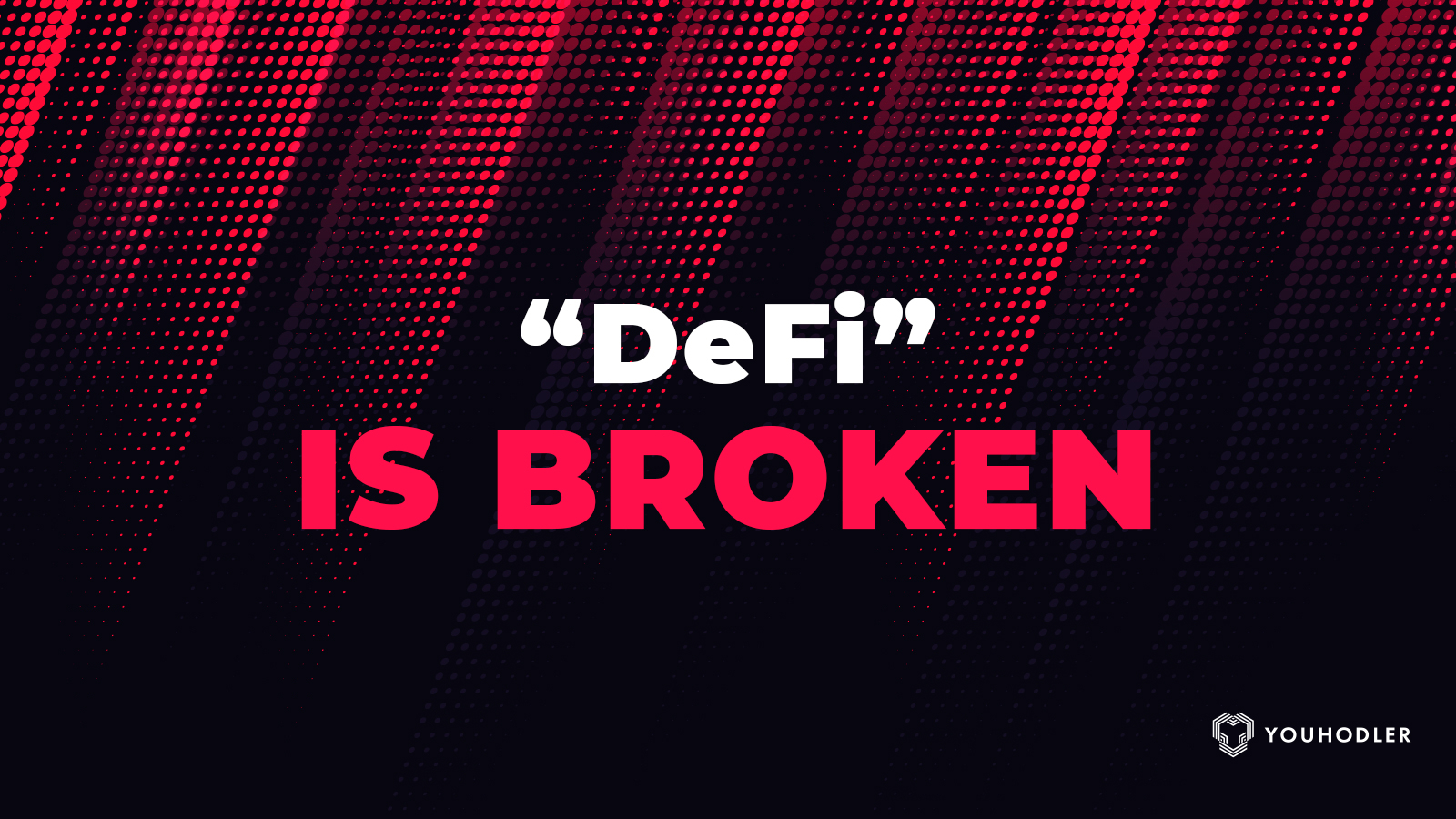 A warning sign flashes red with the words "DeFi is broken"