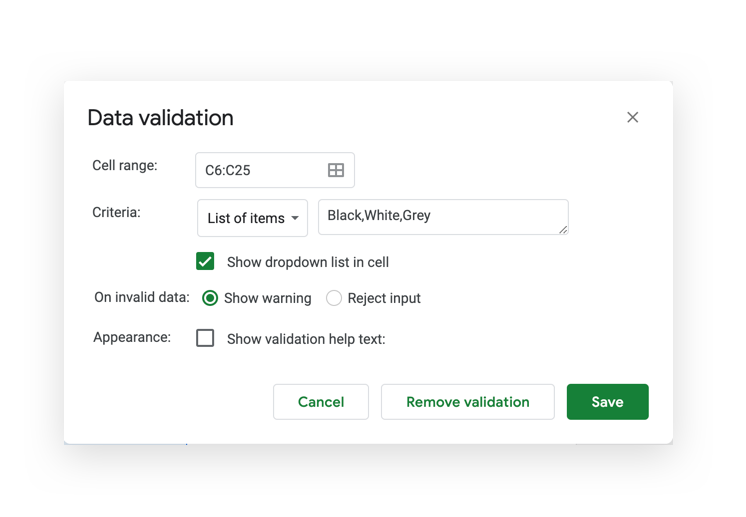 data validation screenshot