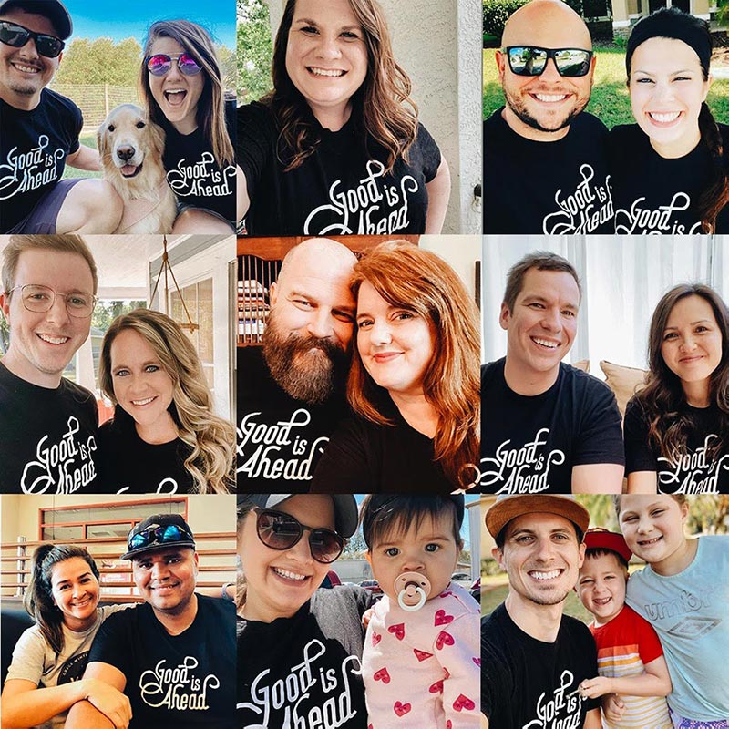 collage of ouples all wearing same shirt