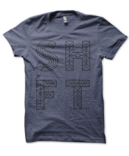 grey shirt with black lettering