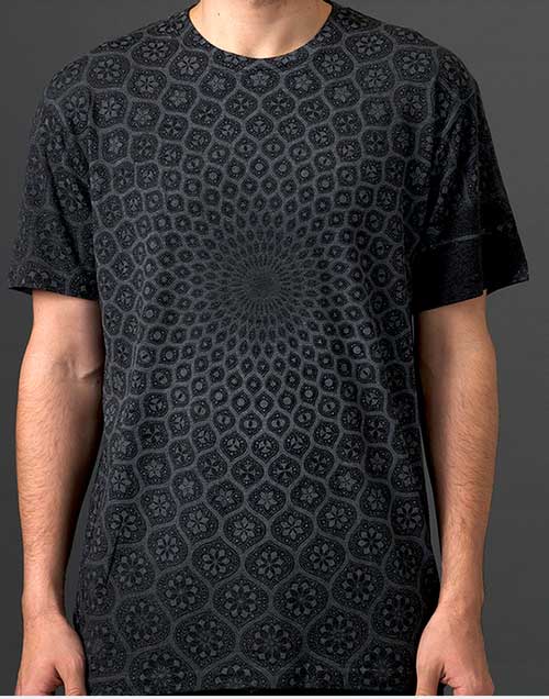 man wearing black shirt with pattern