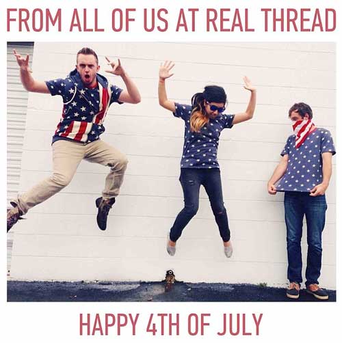 three people wearing red white and blue jumping