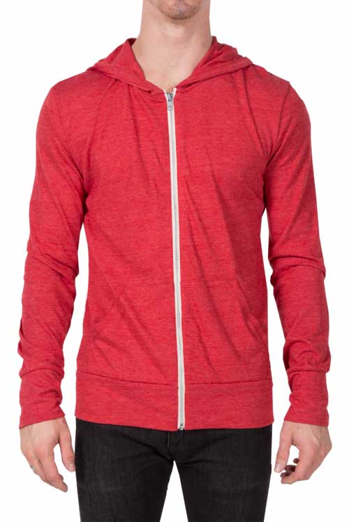 man wearing red zip-up jacket