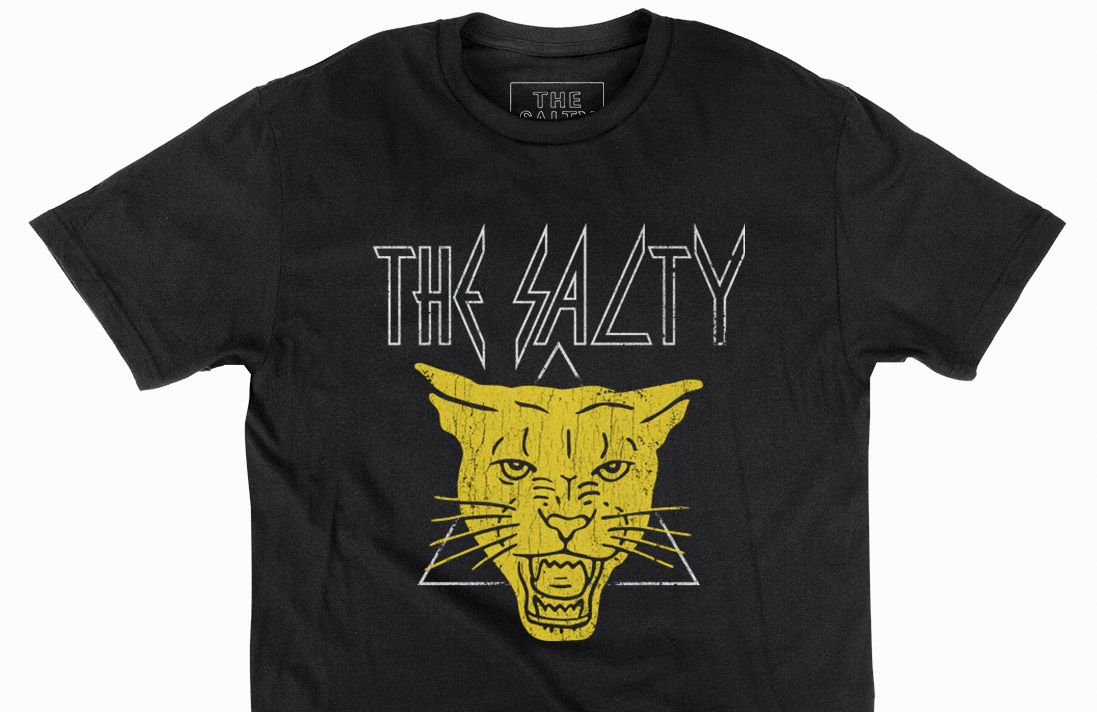 Black shirt with white text and a yellow panther's face on a white triangle outline