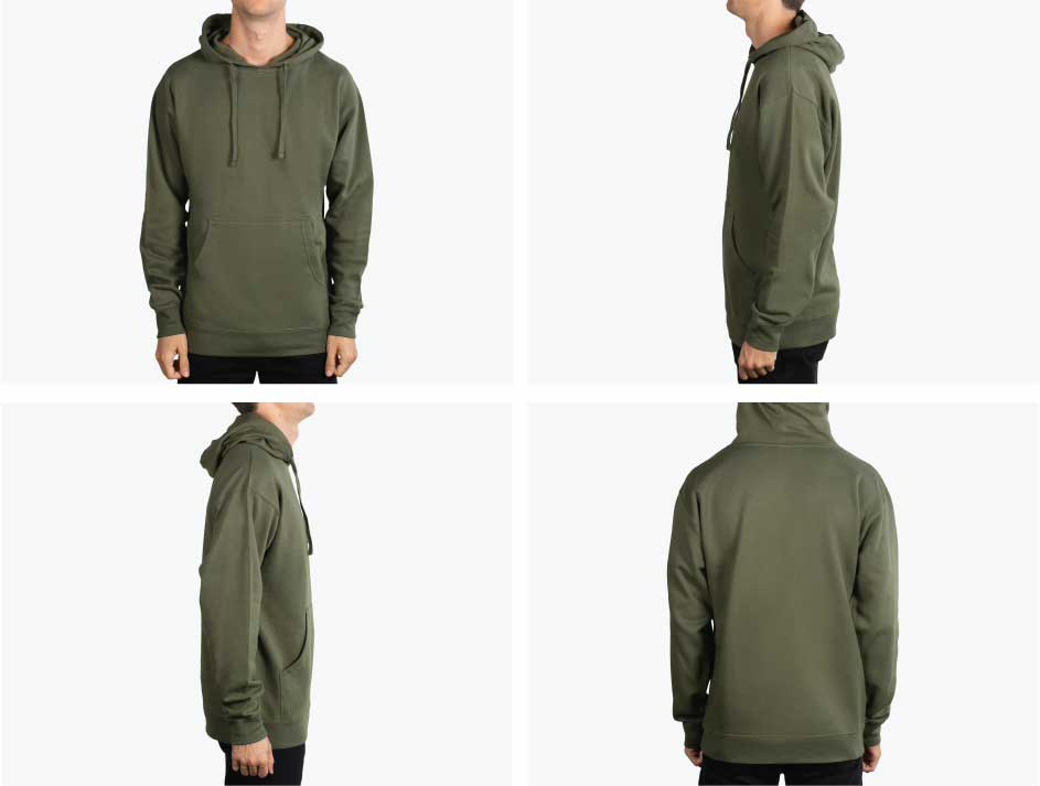 four pictures of man wearing green arm hoodie