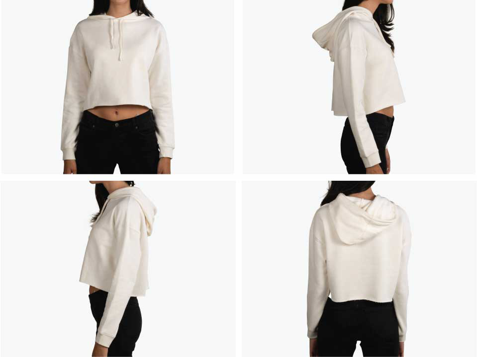 four pictures of girl wearing white crop top hoodie
