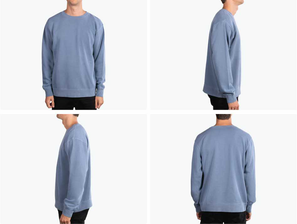 four images of man wearing blue sweatshirt