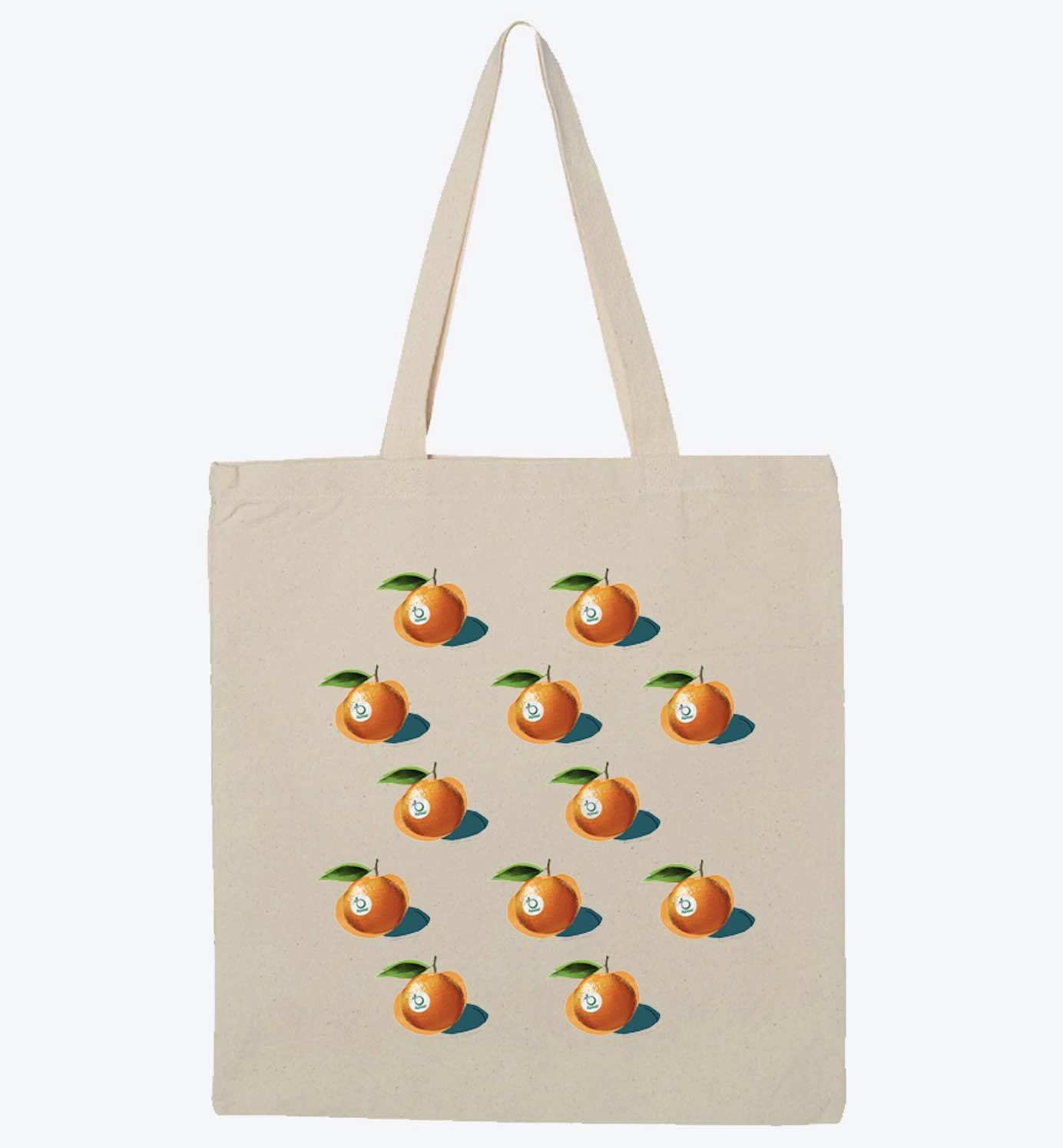 A custom tote with an orange logo multiple times.