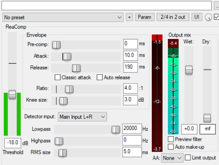 Notice the red bar fills downwards, representing how much the sound is being compressed by (in dB)