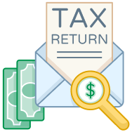 Tax return form in an envelop, next to a stack of cash