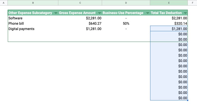 Screenshot of someone dragging a formula down column E of a spreadsheet with their cursor