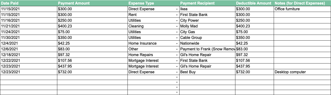 Screenshot showing where you can enter individual home office expenses