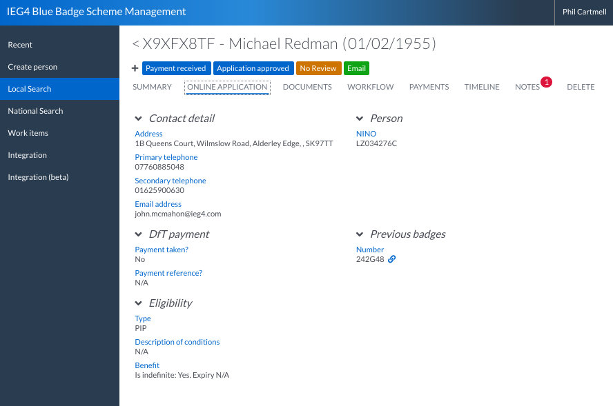 Screen shot from IEG4 Blue Badge Case Management Solution