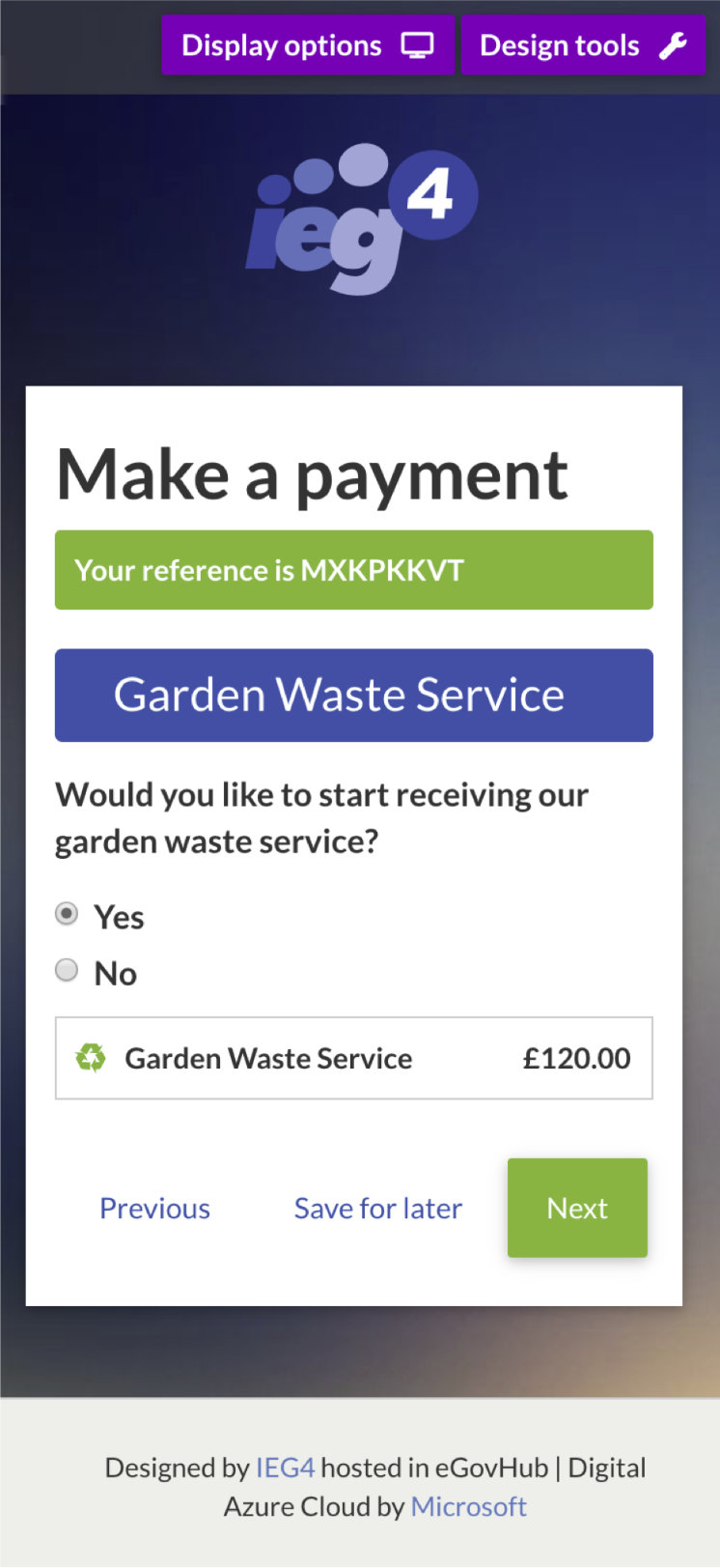 Mobile Phone Screen with IEG4 Citizen-facing Form for making a payment for a Garden Waste Bin showing