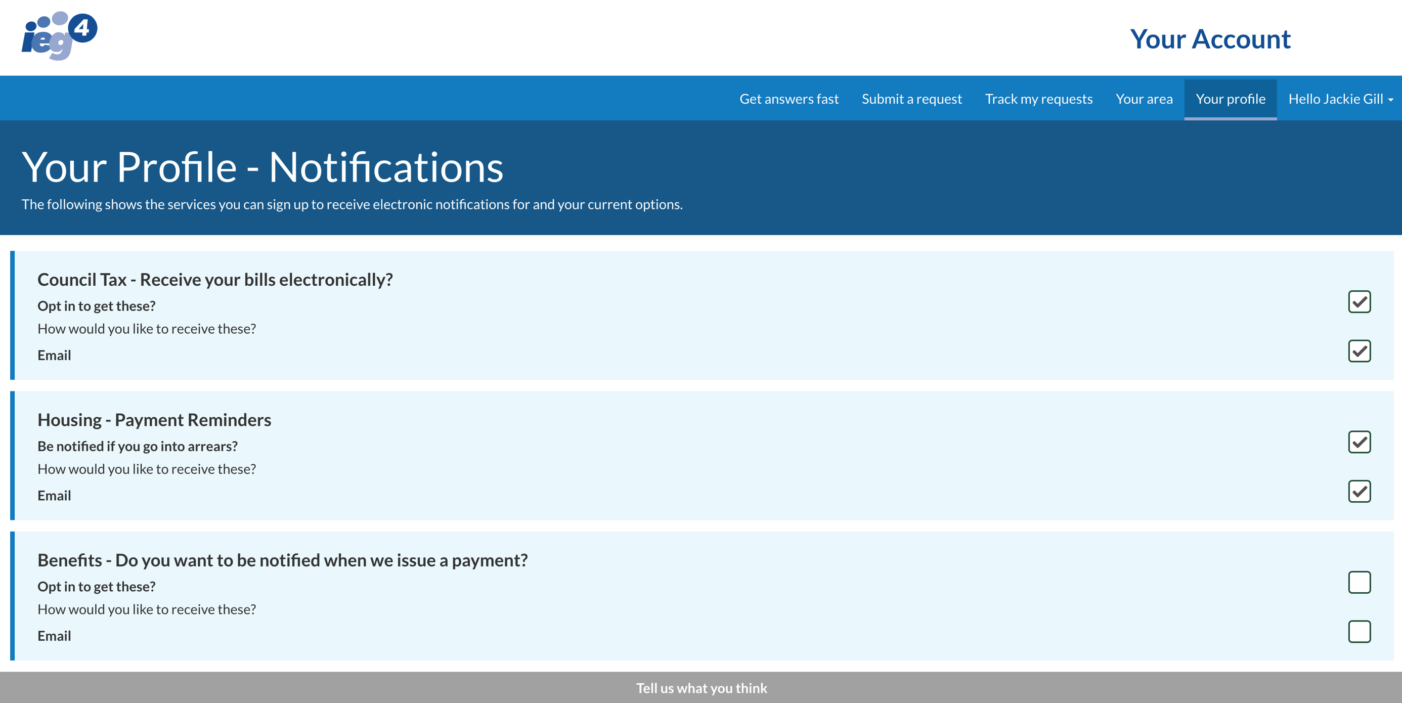 IEG4's OneVu showing managing a citizen profile and notifications