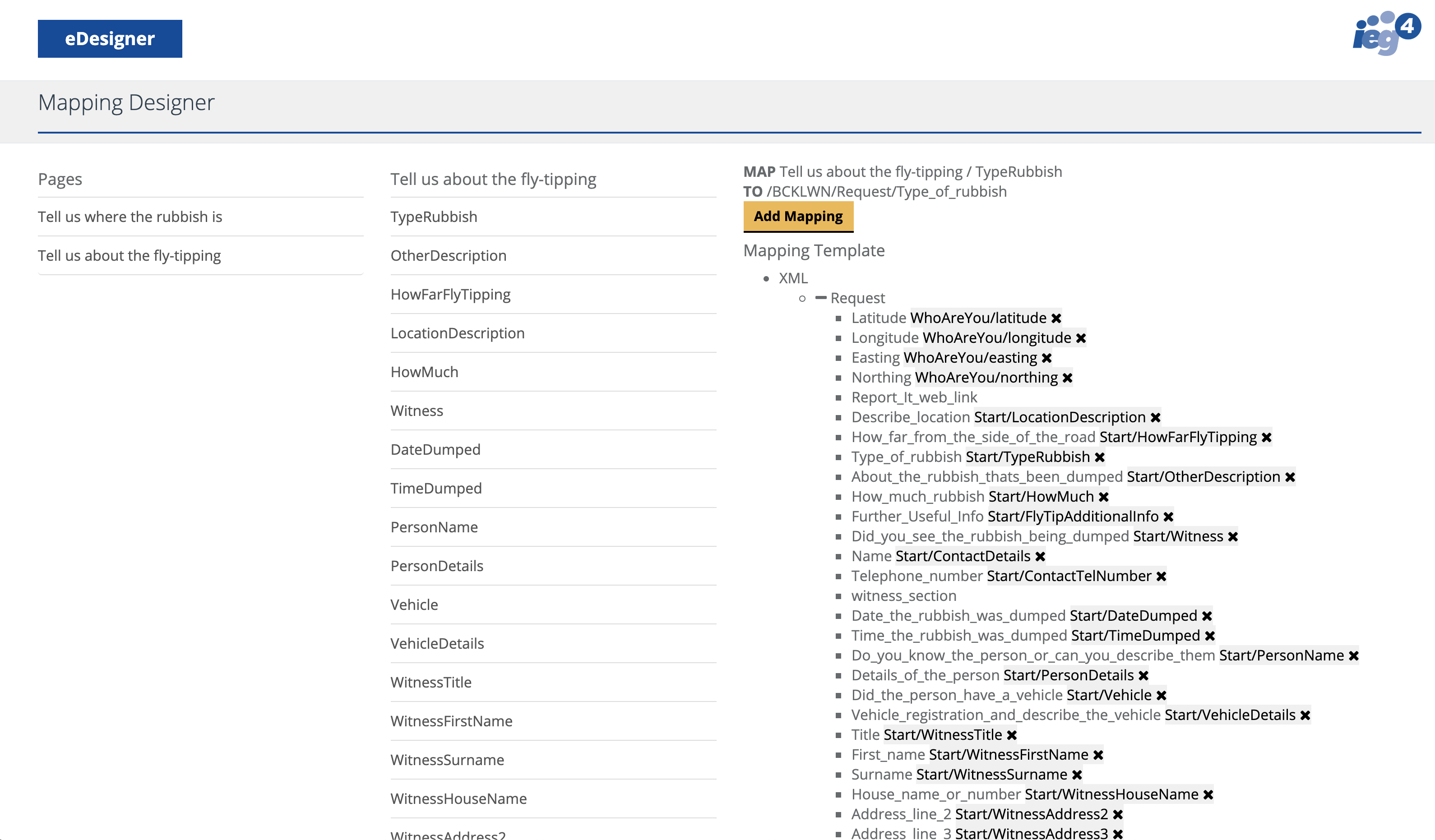 IEG4's eDesigner showing mapping form fields to xml