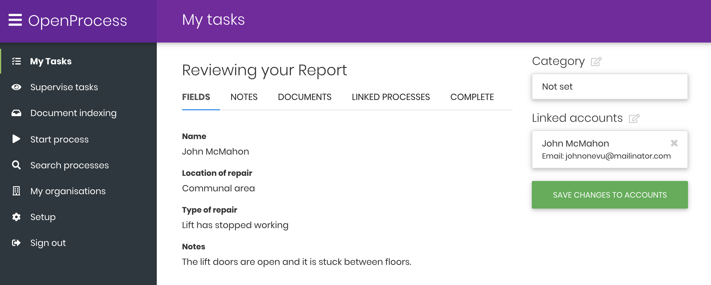 IEG4's Open process showing tasks summary