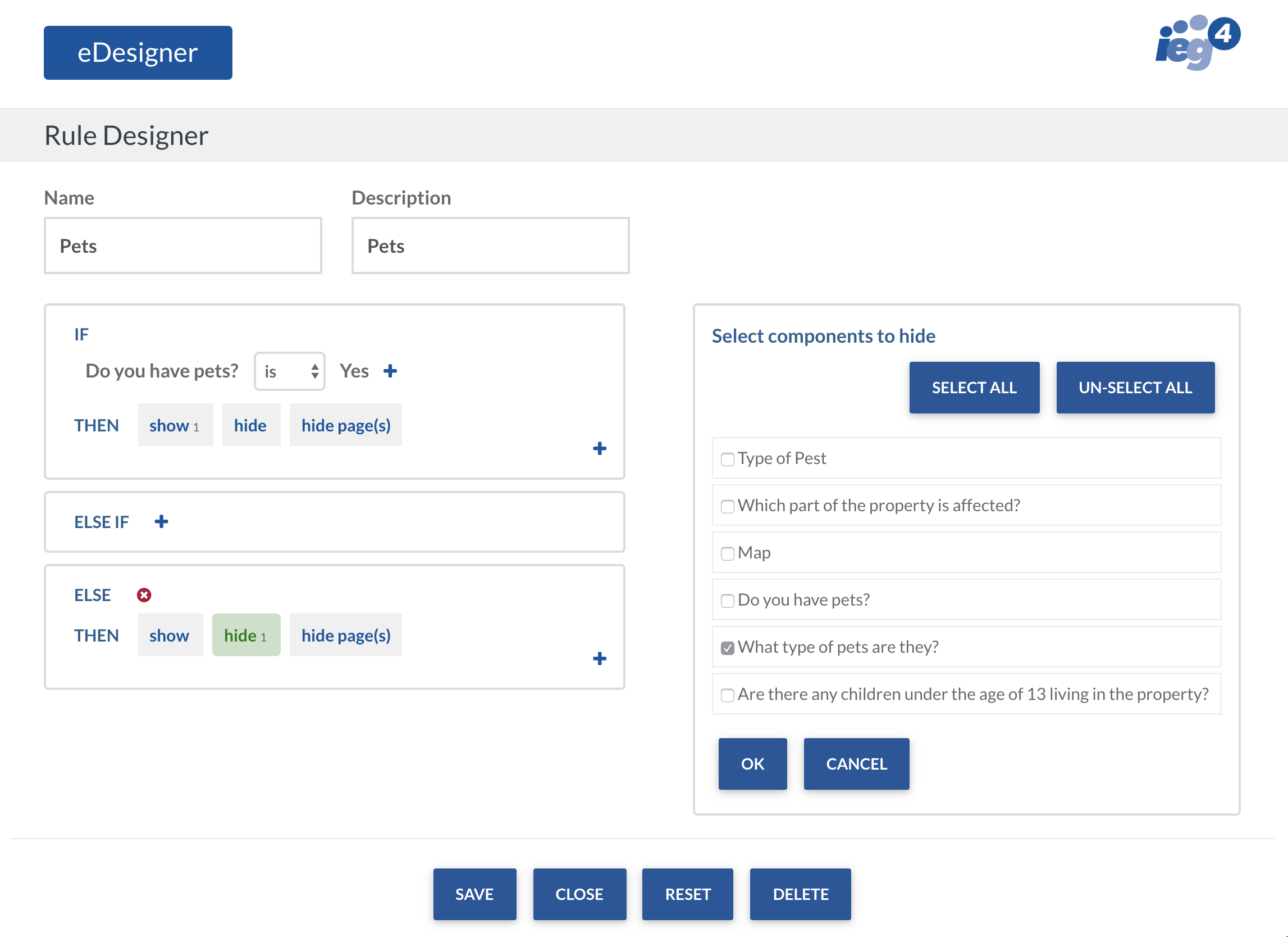 IEG4's eDesigner showing editing and adding dynamic rules for forms