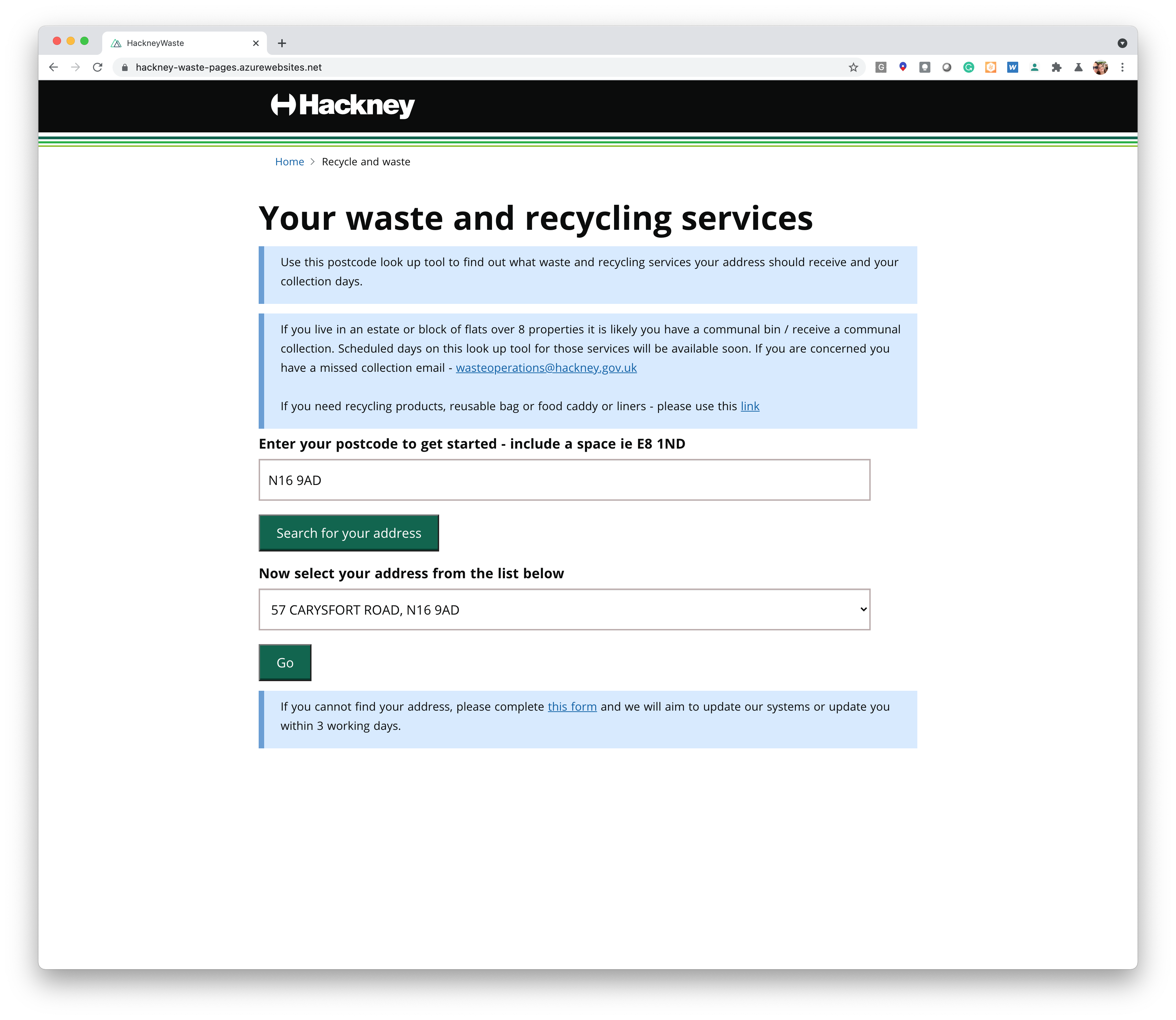 London Borough of Hackney IEG4 Waste Solution Screenshot