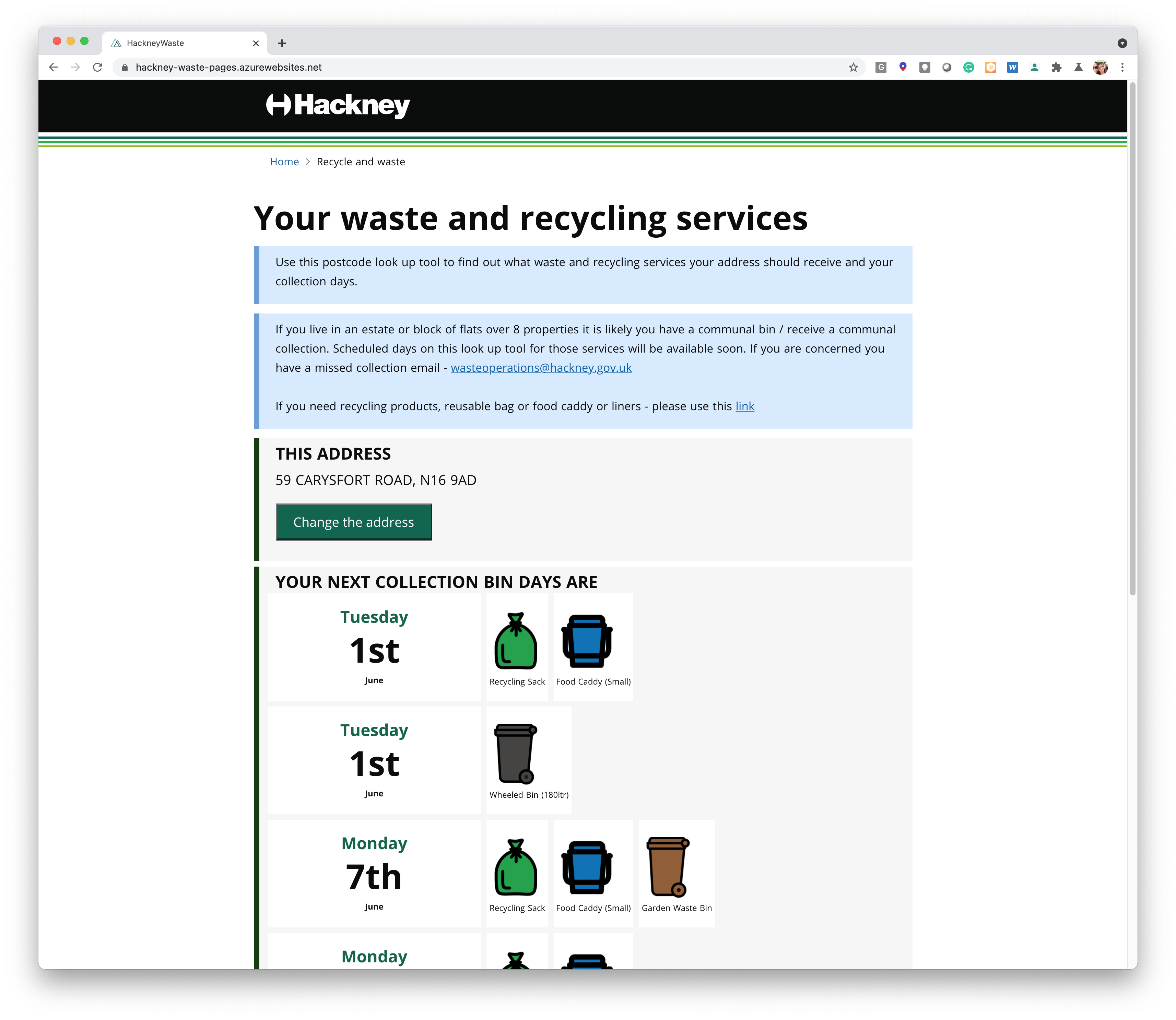 London Borough of Hackney IEG4 Waste Solution Screenshot