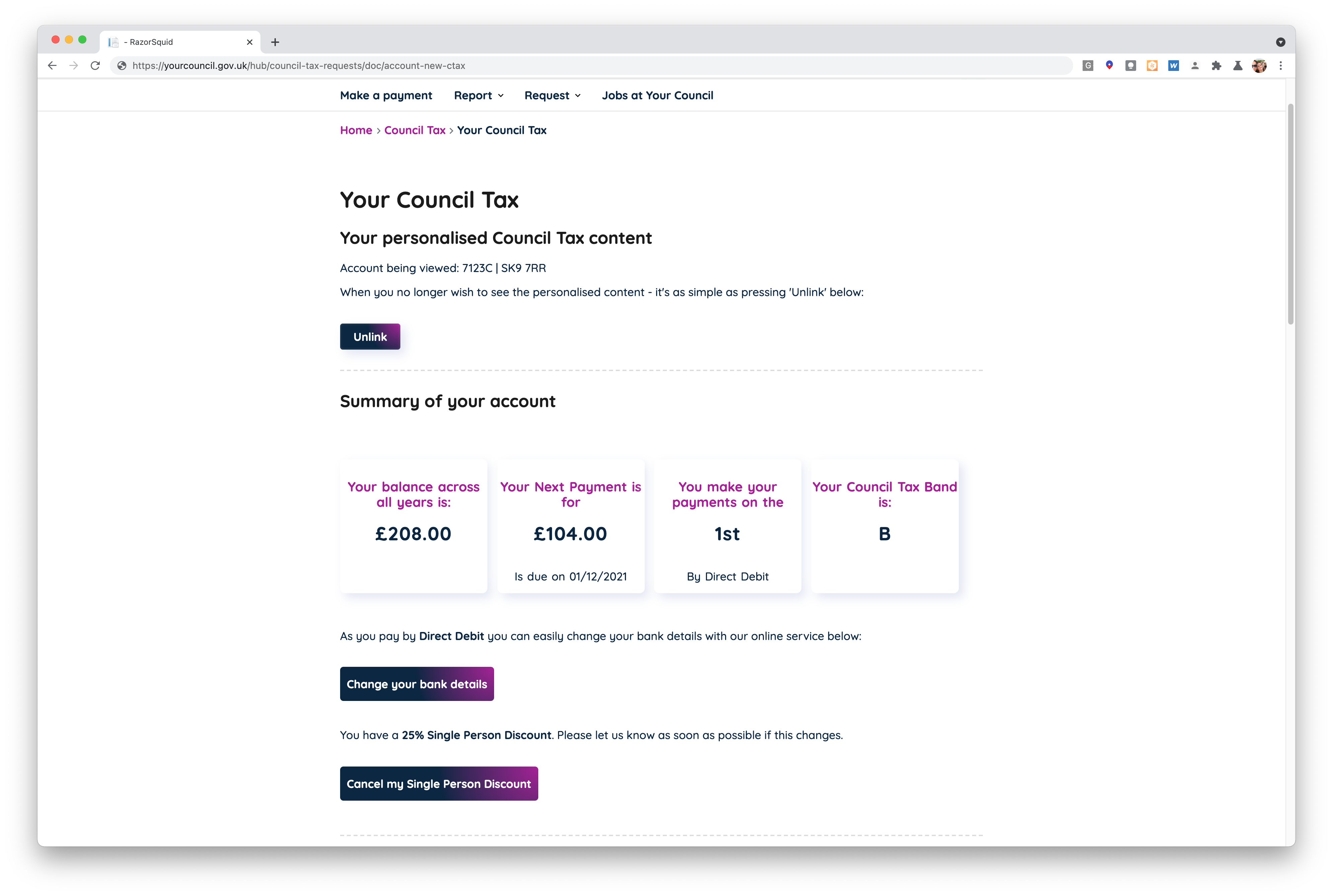 Screenshot showing personalised Council Tax account details