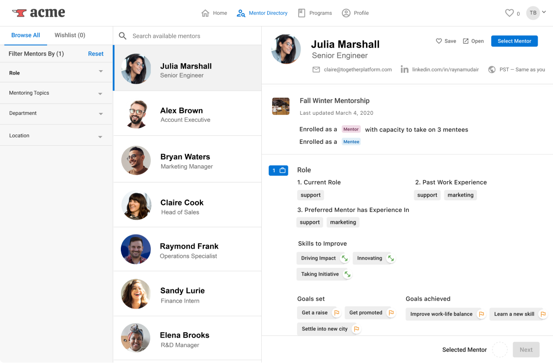 Screenshot of Together's mentorship program dashboard where a user is exploring available mentors to connect with.