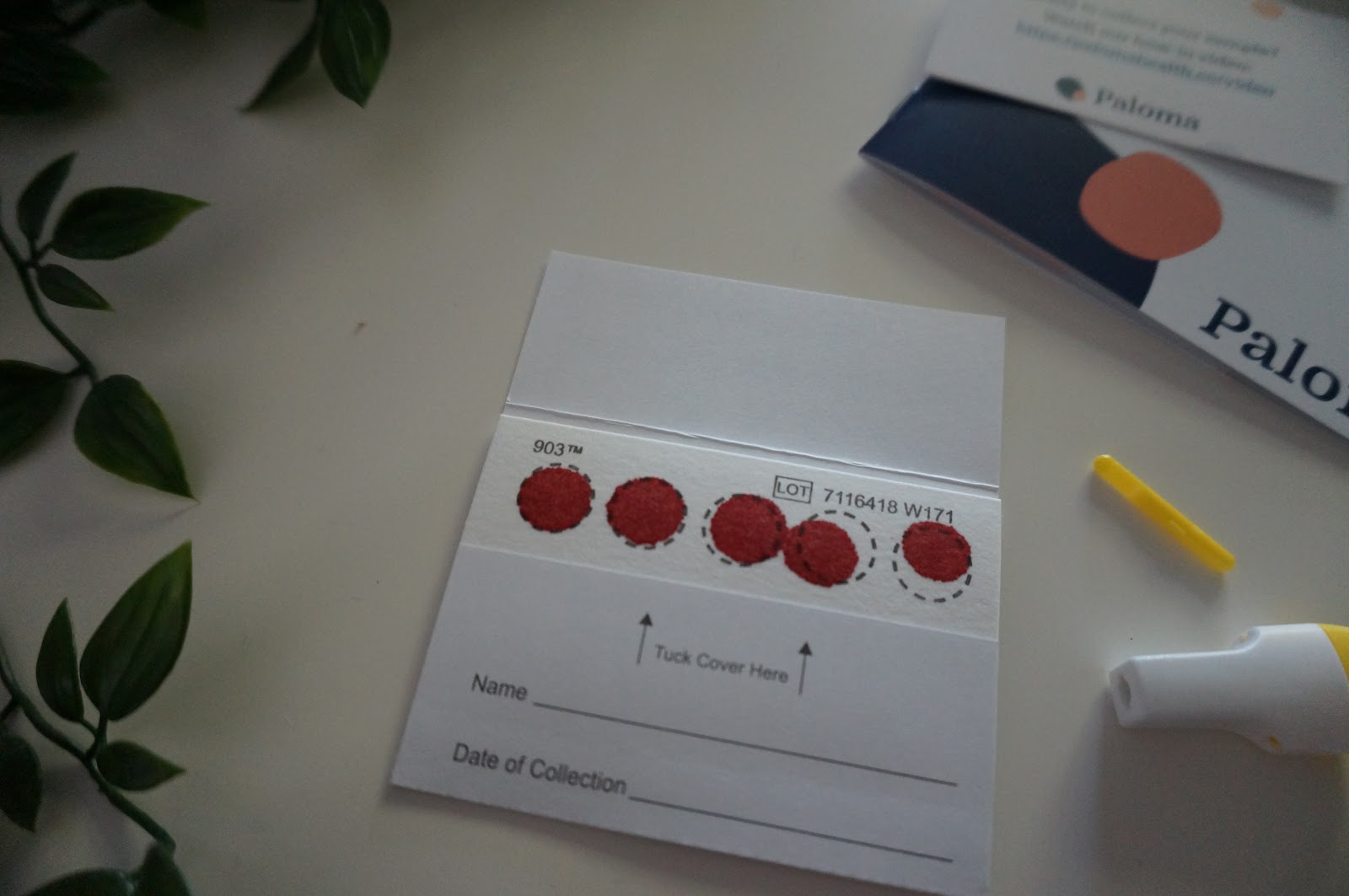 Completed collection card with five blood droplets for thyroid hormone blood test