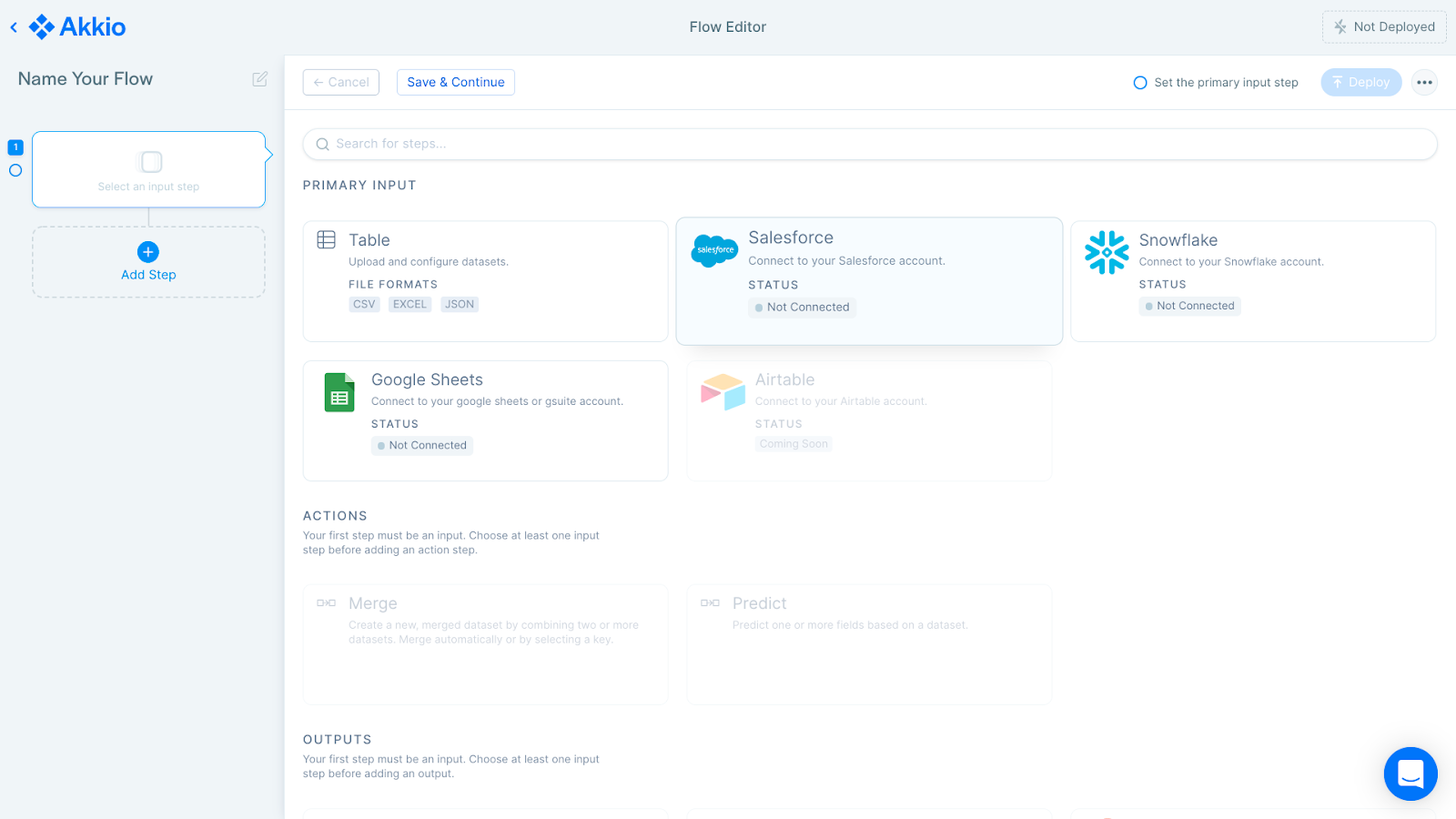 A screenshot of the Akkio Flow with Salesforce highlighted as a primary input.