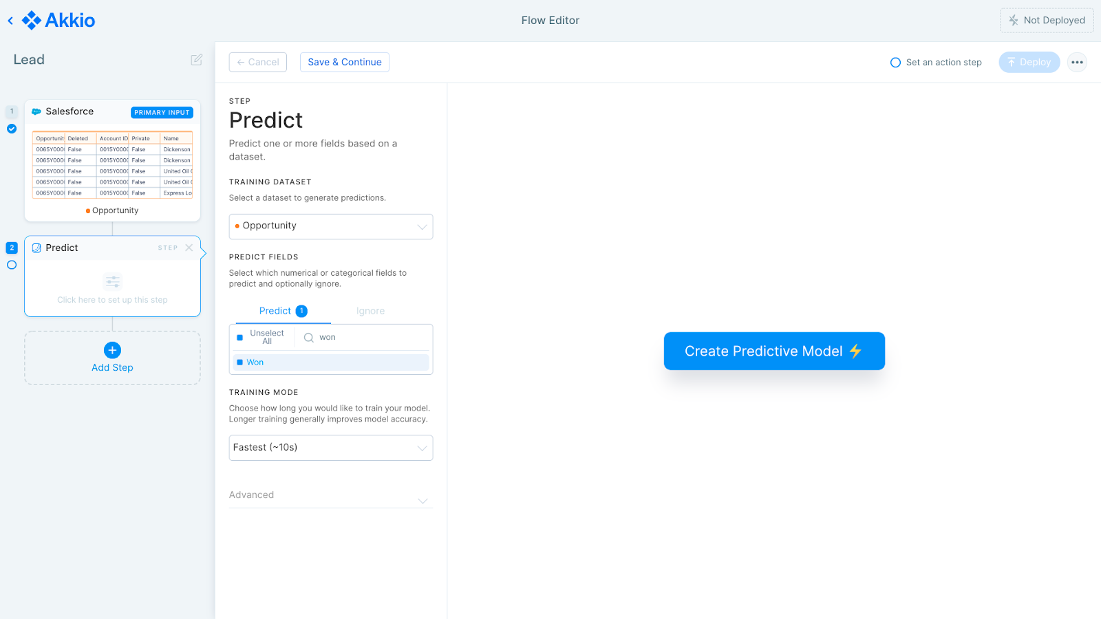 A screenshot of the Akkio Flow in the second step, where the user can create a predictive model.