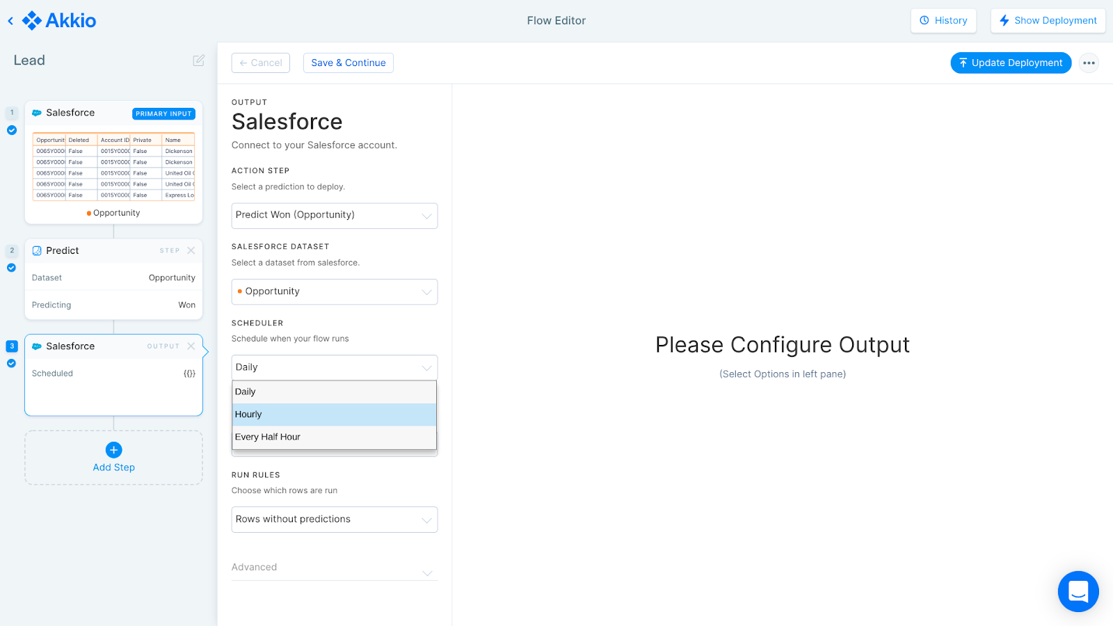 A screenshot of an Akkio Flow in the third step, where the user is configuring deployment settings for Salesforce.