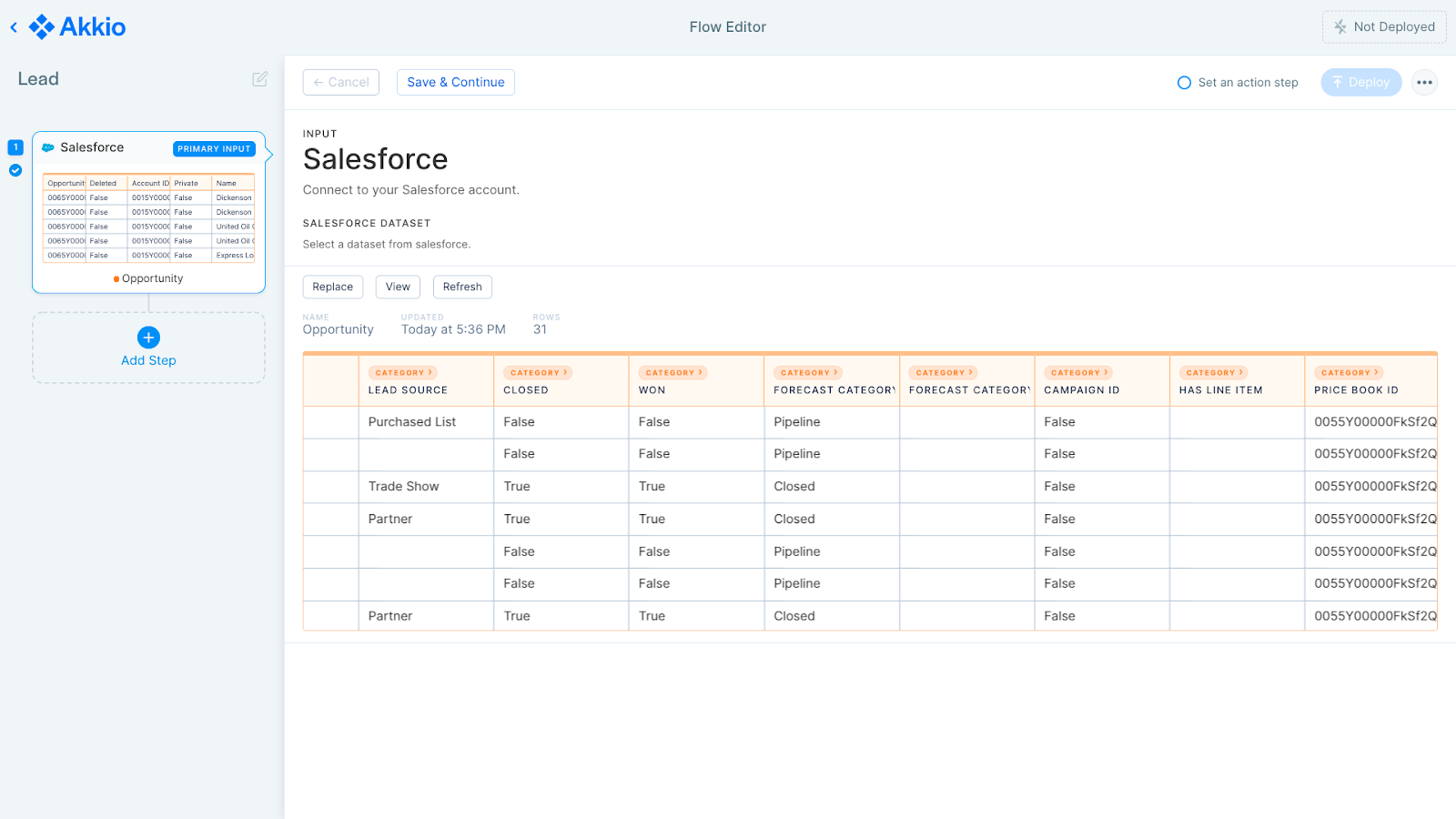 A screenshot of the Akkio Flow with a Salesforce dataset connected as the input.