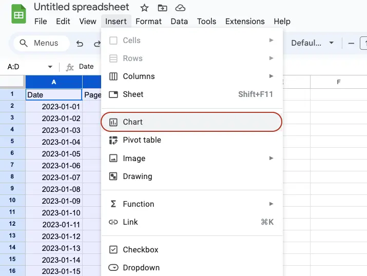 selecting insert and then chart to generate a line chart