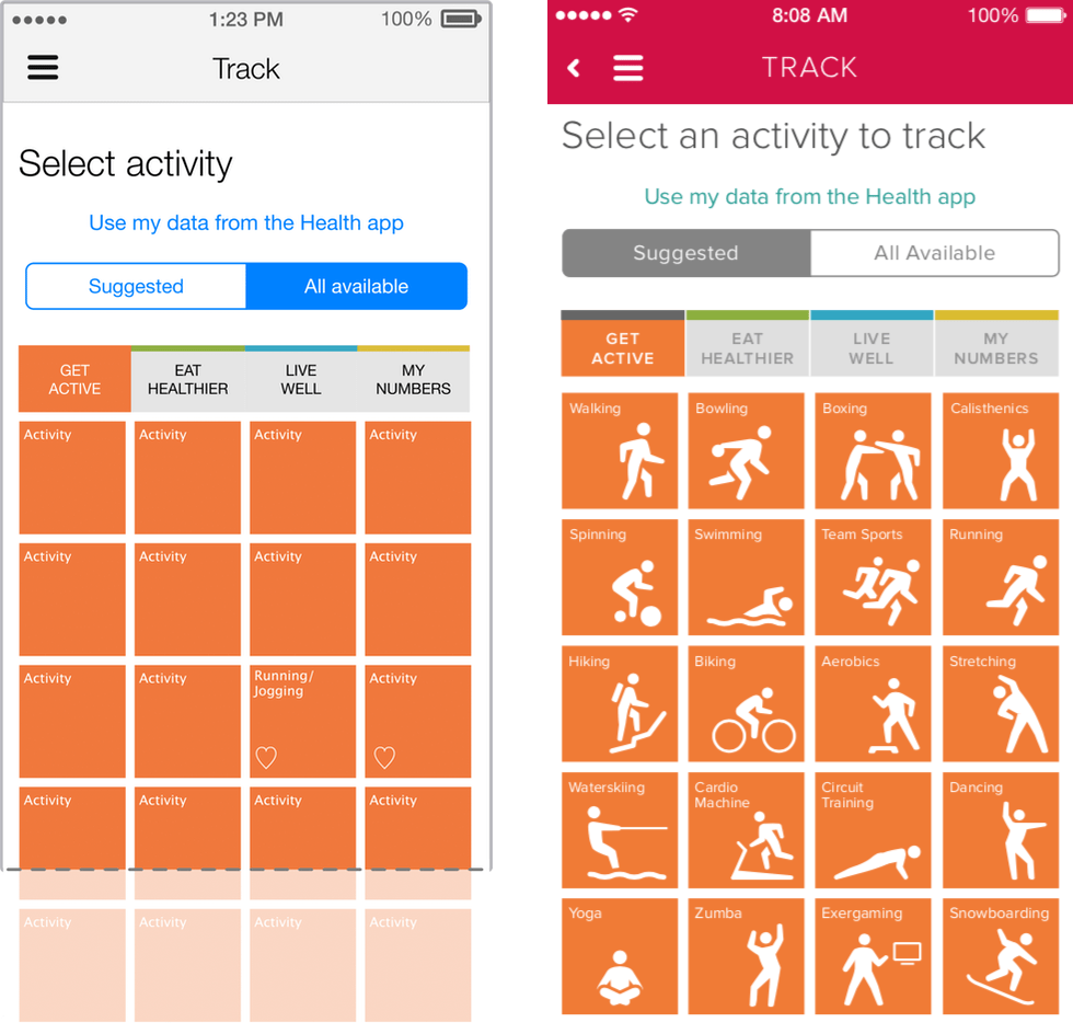 Side-by-side comparison of wireframe and final design for Activity selection screen