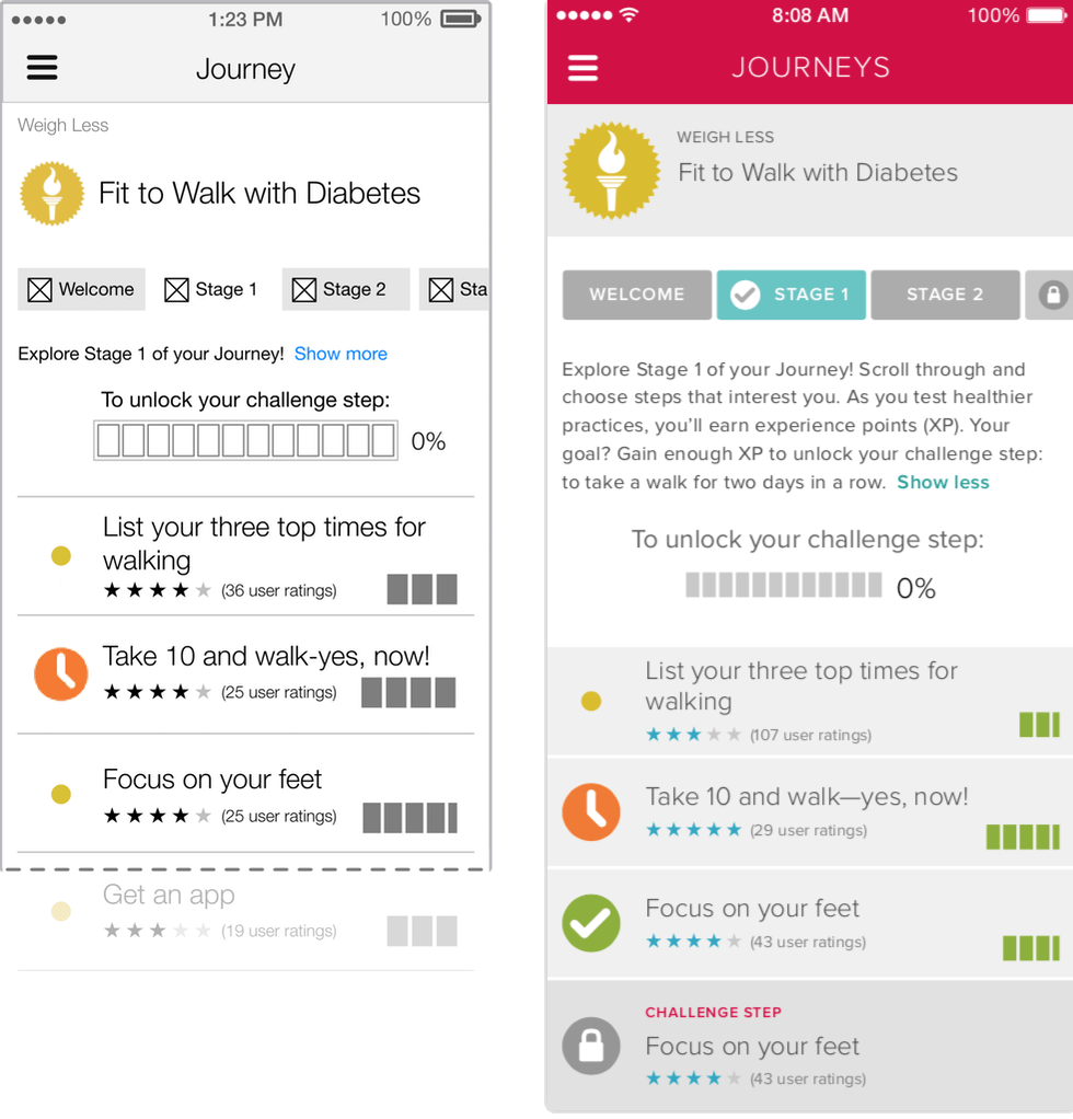 Side-by-side comparison of wireframe and final design for Journey screen