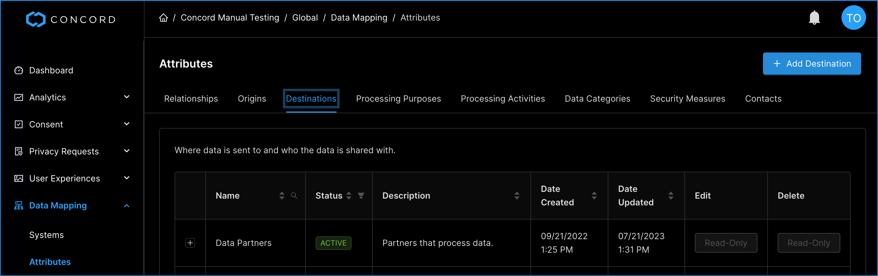 Concord Admin UI Data Mapping Attributes Add Destination Button