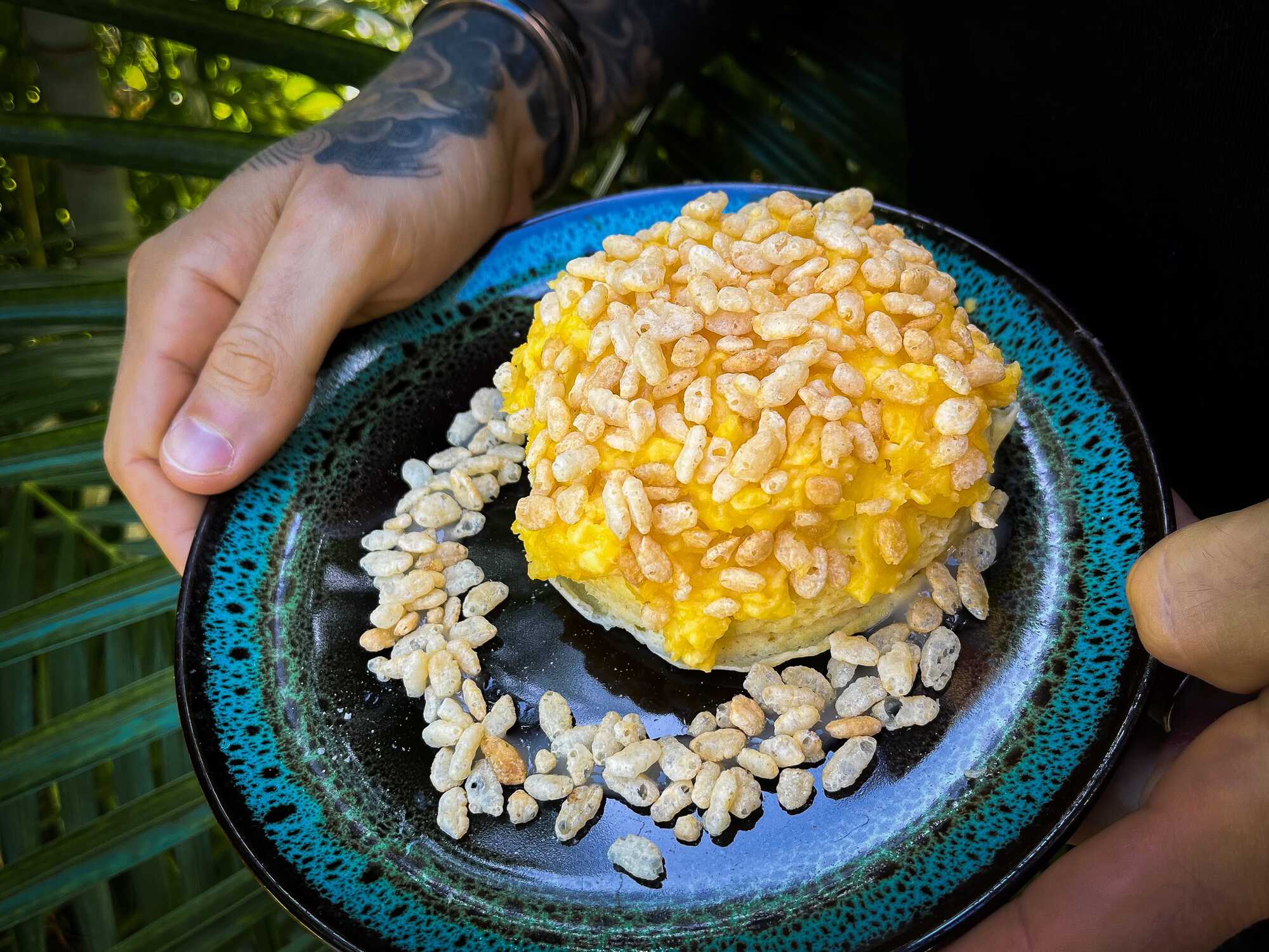 Entre mes mains se trouve une belle assiette décorée contenant un bowl cake protéiné façon tarte au citron. 