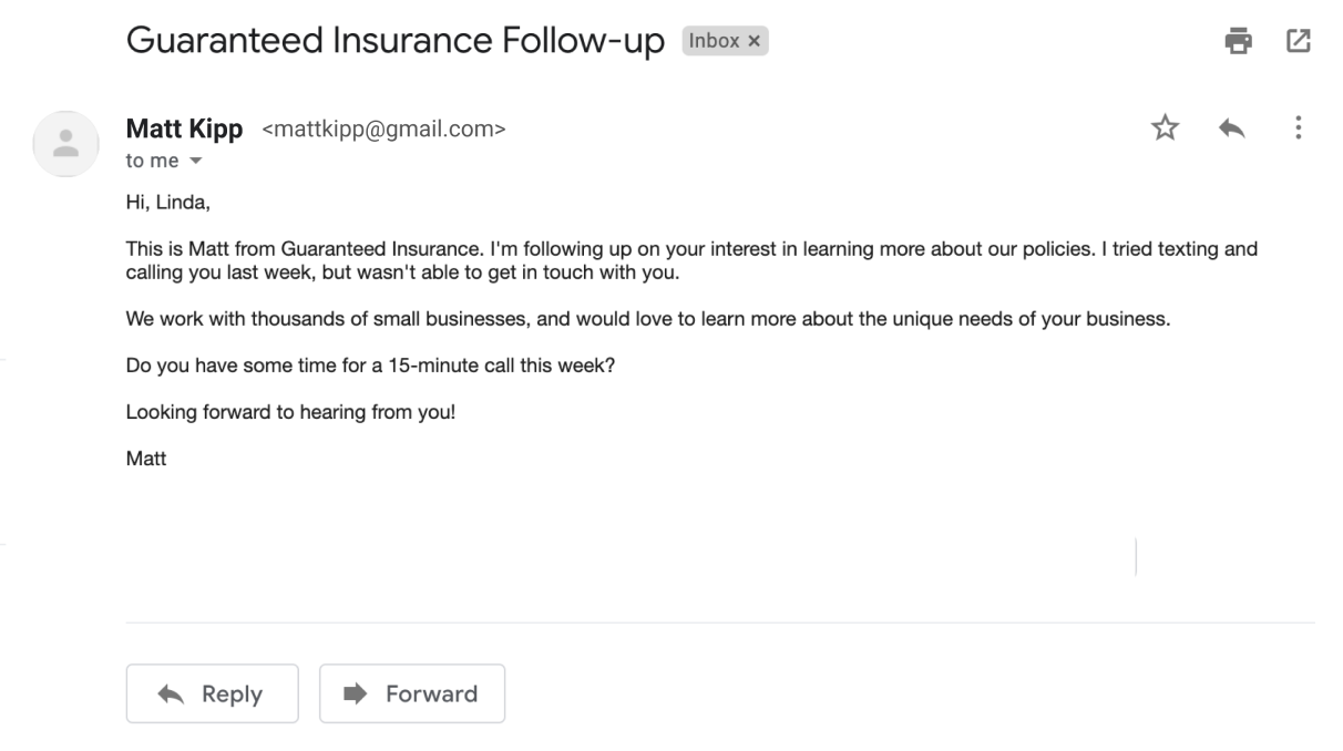 Example of an email follow-up