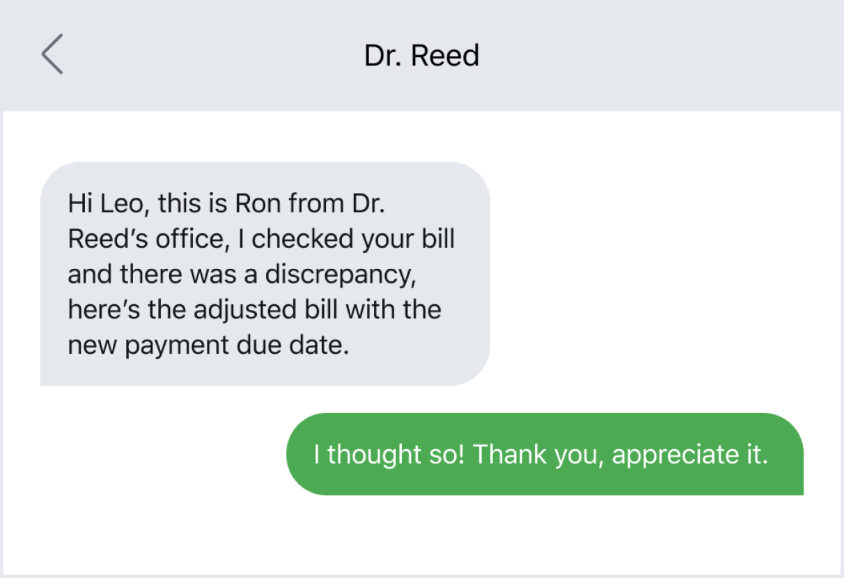 Healthcare company texting a patient about a bill issue
