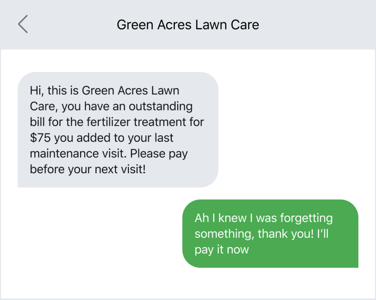 Home service business texting about a recurring payment
