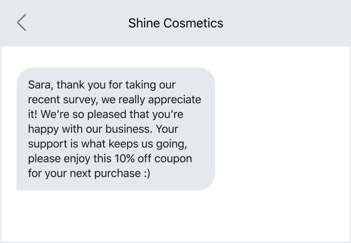 Text message example of following up after a survey with a coupon